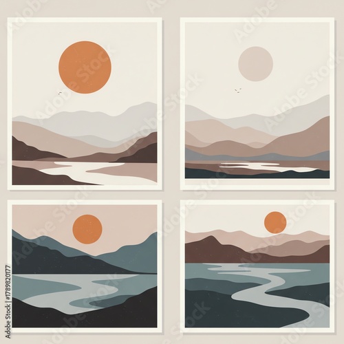 Mountain landscape with sun and lake