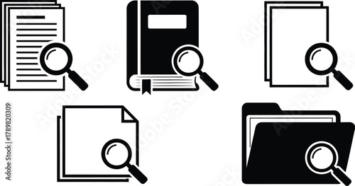 Magnifying glass over documents, book, and folder for research