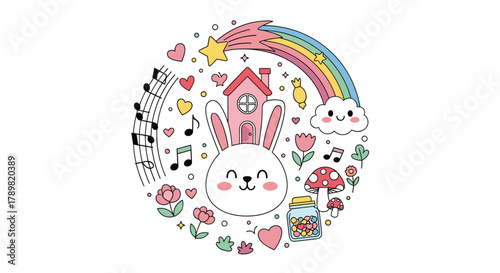Cute whimsical illustration of a happy bunny with a pink house on its head, surrounded by a colorful rainbow, musical notes, and charming elements.