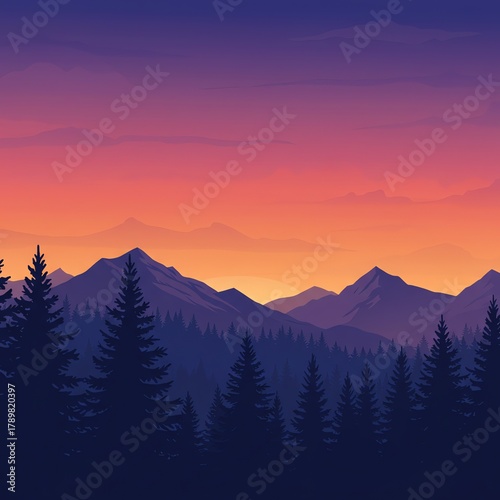 Mountain range at sunset with forest silhouette