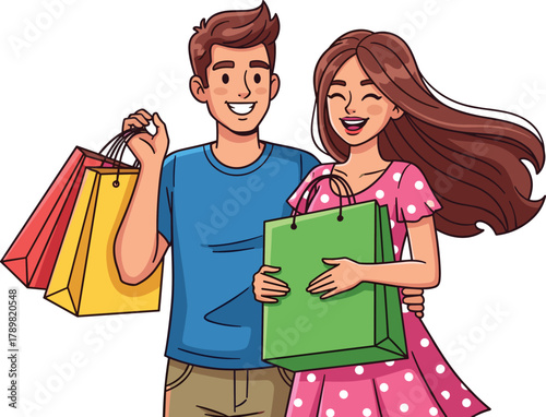 Cartoon couple shopping together, holding colorful bags, joyful retail outing, smiling characters, leisure activity, vector illustration, white background, lifestyle moment