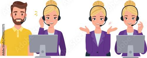 Cartoon customer service agents with headsets at computers, communication gestures, support team interaction, technical assistance, vector illustration, workplace scene