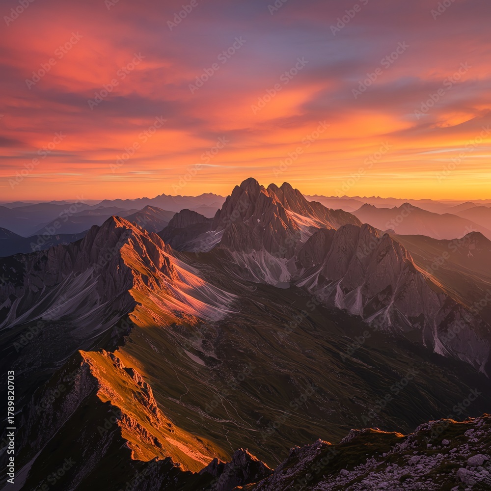 Fototapeta premium Mountain range at sunrise with vibrant sky