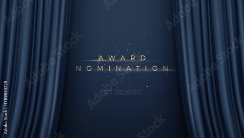 Vector Illustration Background Award Nomination On Stage With Gold Text Curtains Blue Night Glamour Spotlight