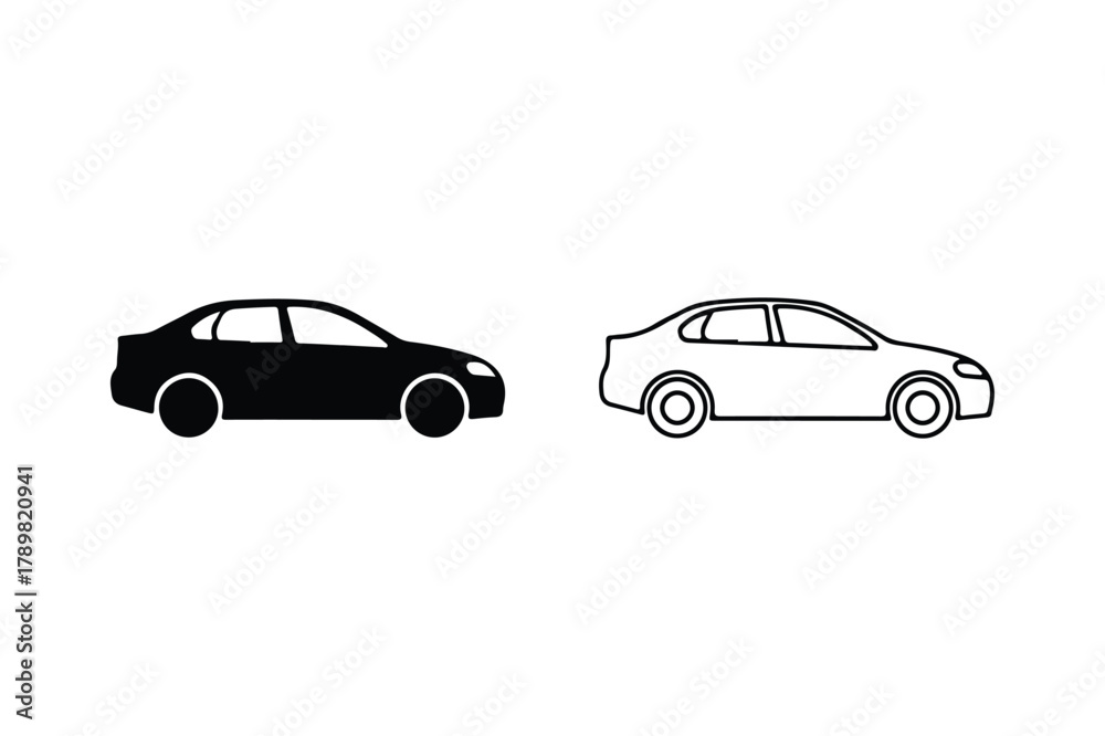 Fototapeta premium Car Silhouette and Outline Icon Set