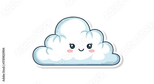 An adorable fluffy white cloud character with a happy smiling face, big expressive eyes, pink cheeks, and a soft blue outline.