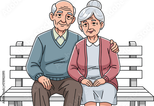 Cartoon elderly couple sitting on bench with affectionate gesture, aging together, love in later life, emotional connection, vector illustration
