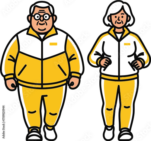 Active seniors jogging together in matching yellow and white tracksuits