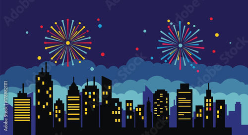 Vibrant cityscape celebration with dazzling fireworks illuminating the night sky