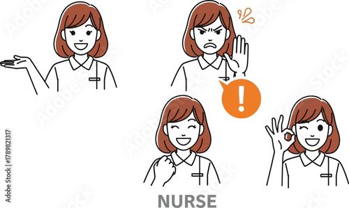 Caring nurse expresses various emotions and gestures in simple line art