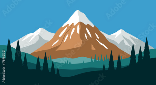 majestic snow-capped mountain range with pine trees in foreground and blue sky