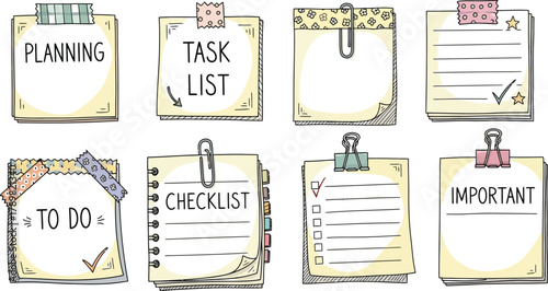 Hand Drawn Notes Set with Planning, Checklist, To Do List, and Task List Elements