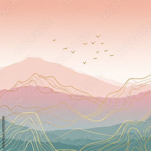 Mountain landscape with birds and golden lines