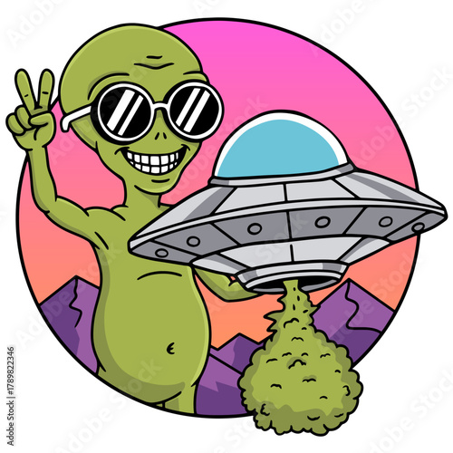 alien with sunglasses, peace sign, and ufo