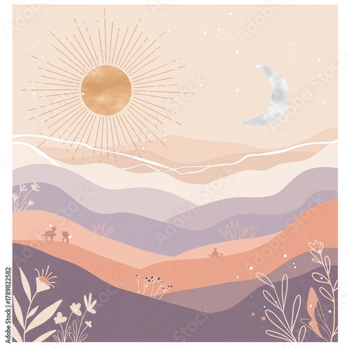 Mountain landscape with sun moon and animals