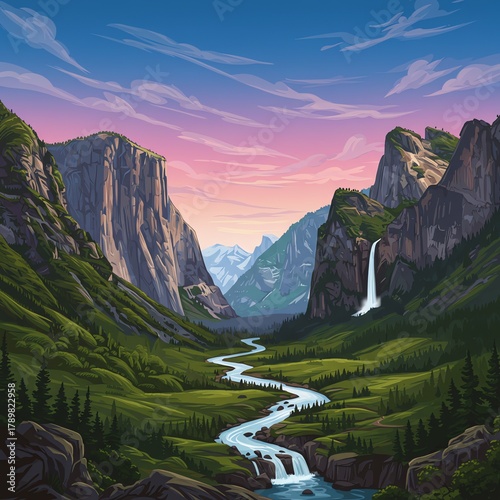 Mountain valley landscape with river and waterfall