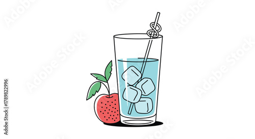 A refreshing illustration of an iced drink in a tall glass with a decorative straw, accompanied by a fresh strawberry with green leaves.