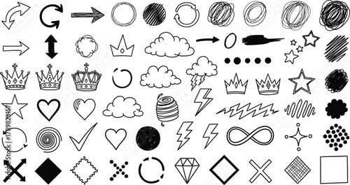 Hand Drawn Sketch Doodle Arrow Crown Lightning Heart Stars Circle on White Background