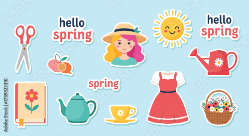 A cheerful collection of spring-themed cartoon stickers, featuring a girl, sun, flowers, gardening items, and tea party essentials on a light blue background.