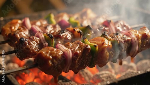 Savory kebabs sizzling over hot charcoal, with vibrant vegetables and tender meat creating a delicious meal. The smoke and the rich colors make the image perfect for food lovers