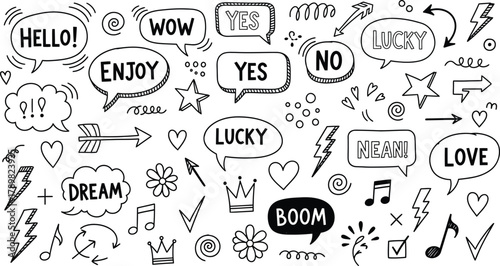 Hand Drawn Speech Bubbles With Text and Doodle Elements on White Background