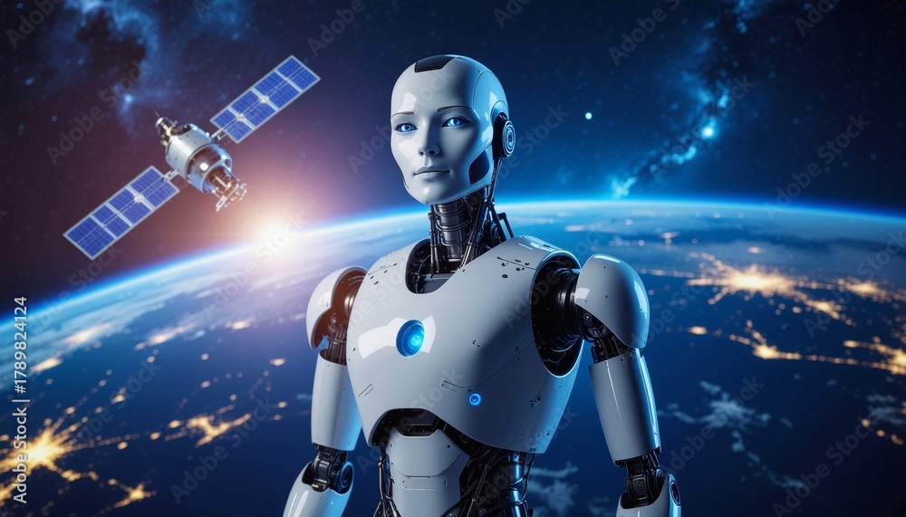 Fototapeta premium Futuristic Female Robot in Space, with a satellite orbiting Earth