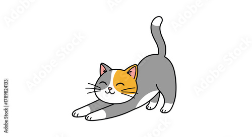 Adorable cartoon cat with grey, white, and orange fur extending its body in a joyful and contented stretch.