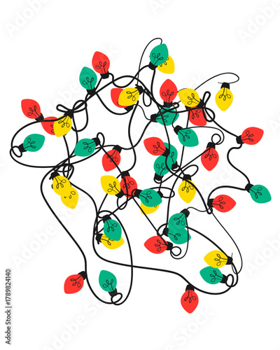 Tangled Christmas lights. Doodle colorful garland decoration symbol. Vector illustration.