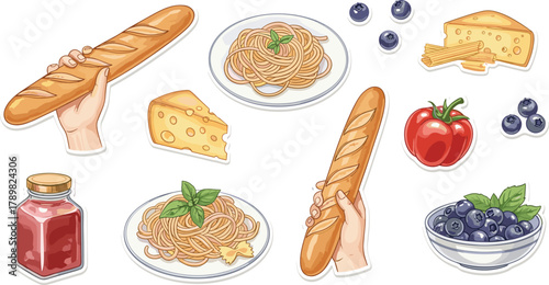 Italian food illustration, pasta and baguette, cheese and tomato, blueberry bowl, fresh ingredients, culinary theme, flat vector design