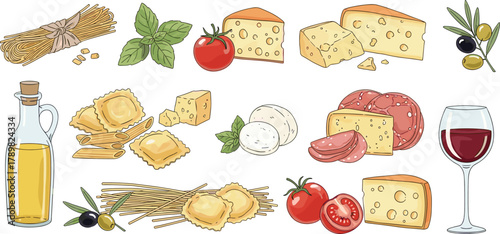 Italian ingredients, pasta cheese tomato, pasta cheese tomato basil, olive oil basil, olive oil wine salami