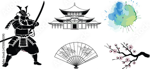 Japanese culture illustration, samurai and temple, cherry blossoms, folding fan, watercolor splash, heritage theme, flat vector design