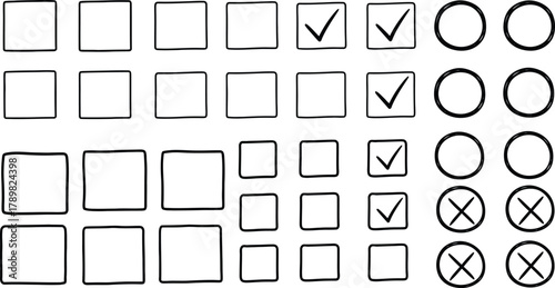 Hand Drawn Square, Check Mark, Circle, Cross, Voting Elements on White Background