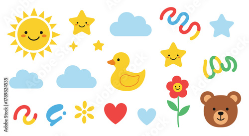 Cute and colorful collection of cartoon icons including sun, clouds, stars, duck, bear, flowers, hearts, and abstract shapes for kid-friendly designs.