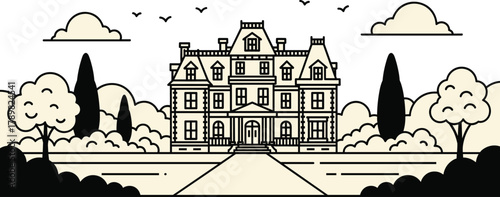 Mansion estate illustration, symmetrical building, landscaped garden, classical architecture, elegant home, scenic view, minimal style, flat vector design