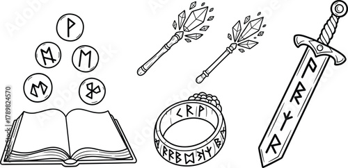 Magical items collection, enchanted sword, rune ring, crystal wand, spellbook, floating glyphs, fantasy symbols, mystical theme, flat vector illustration