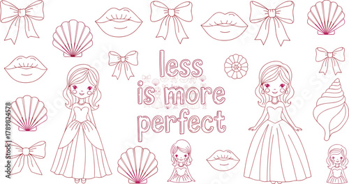 Minimalist beauty, feminine elegance, outlined icons, lips and bows, seashells, fashion girls, decorative symmetry, aesthetic quote, flat vector illustration