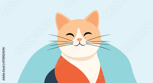 A cheerful orange and white cartoon cat with a happy smile and closed eyes, cozily wrapped in a light blue blanket.