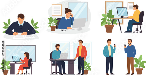 Office scenes, remote work, desk interaction, phone call, computer task, teamwork moment, workplace diversity, modern job, flat vector illustration