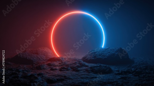 Vibrant neon glowing circle in a futuristic night scene with luminous abstract art, modern digital design, colorful atmospheric effect, and cosmic visual appeal