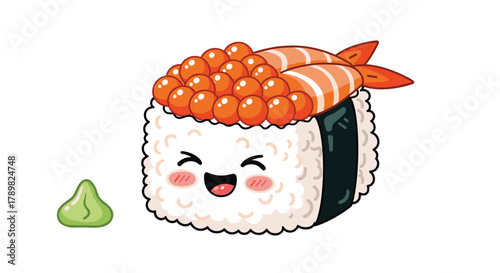 An adorable cartoon sushi character, topped with glistening salmon roe and shrimp, smiles happily next to a vibrant green dollop of wasabi.