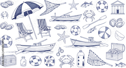 Nautical beach icons, boats and umbrellas, marine animals, treasure chest, classical building, vacation theme, flat vector illustration