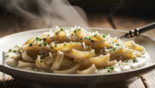 A close-up shot of a plate of delicious pasta with steam rising from it