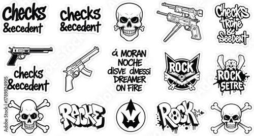 Rock sticker collection, skulls and guns, bold typography, rebellious theme, punk graphics, edgy icons, monochrome style, flat vector illustration