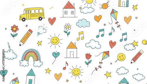 School bus, rainbow, sun face, colorful houses, musical notes, hearts, stars, flowers, childhood joy, creative learning, flat vector illustration