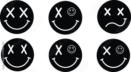 Smiley face icons, X eyes, expressive variations, black circle design, distorted smiles, grunge style, bold emotion, flat vector illustration