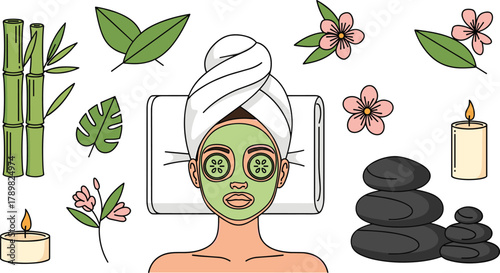Spa relaxation, facial mask, cucumber eyes, wellness scene, bamboo leaves, massage stones, candles flowers, self-care theme, flat vector illustration