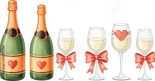 Valentine’s Day celebration, champagne bottles, wine glasses, romantic toast, red hearts, festive drinkware, love theme, flat vector illustration