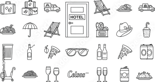 Travel and food icons, suitcase and hotel, pasta and pizza, wine glasses, leisure symbols, monochrome style, flat vector illustration