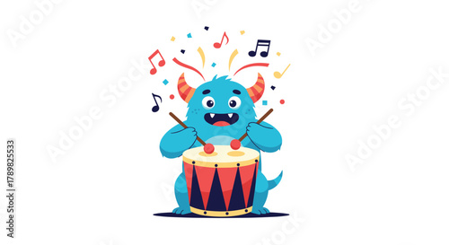 A cute blue monster with horns joyfully plays a drum with drumsticks, surrounded by musical notes and colorful confetti, celebrating a festive occasion.