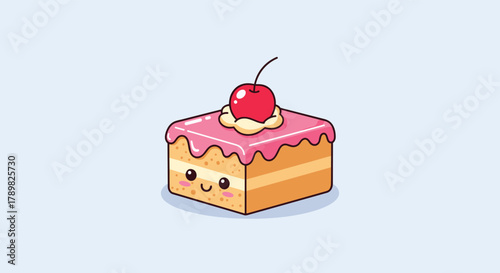 An adorable kawaii-style square cake featuring pink icing, a red cherry, and a happy smiling face, isolated on a light blue background.